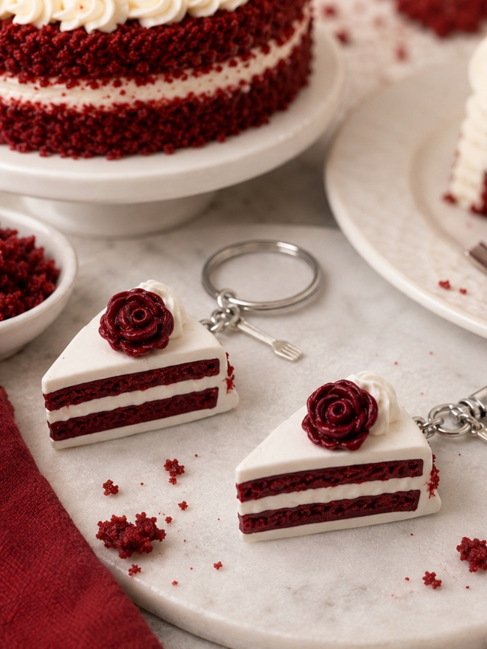Red Velvet Cake Keychain or Bag Clip | Handmade Miniature Cake Slice Accessory